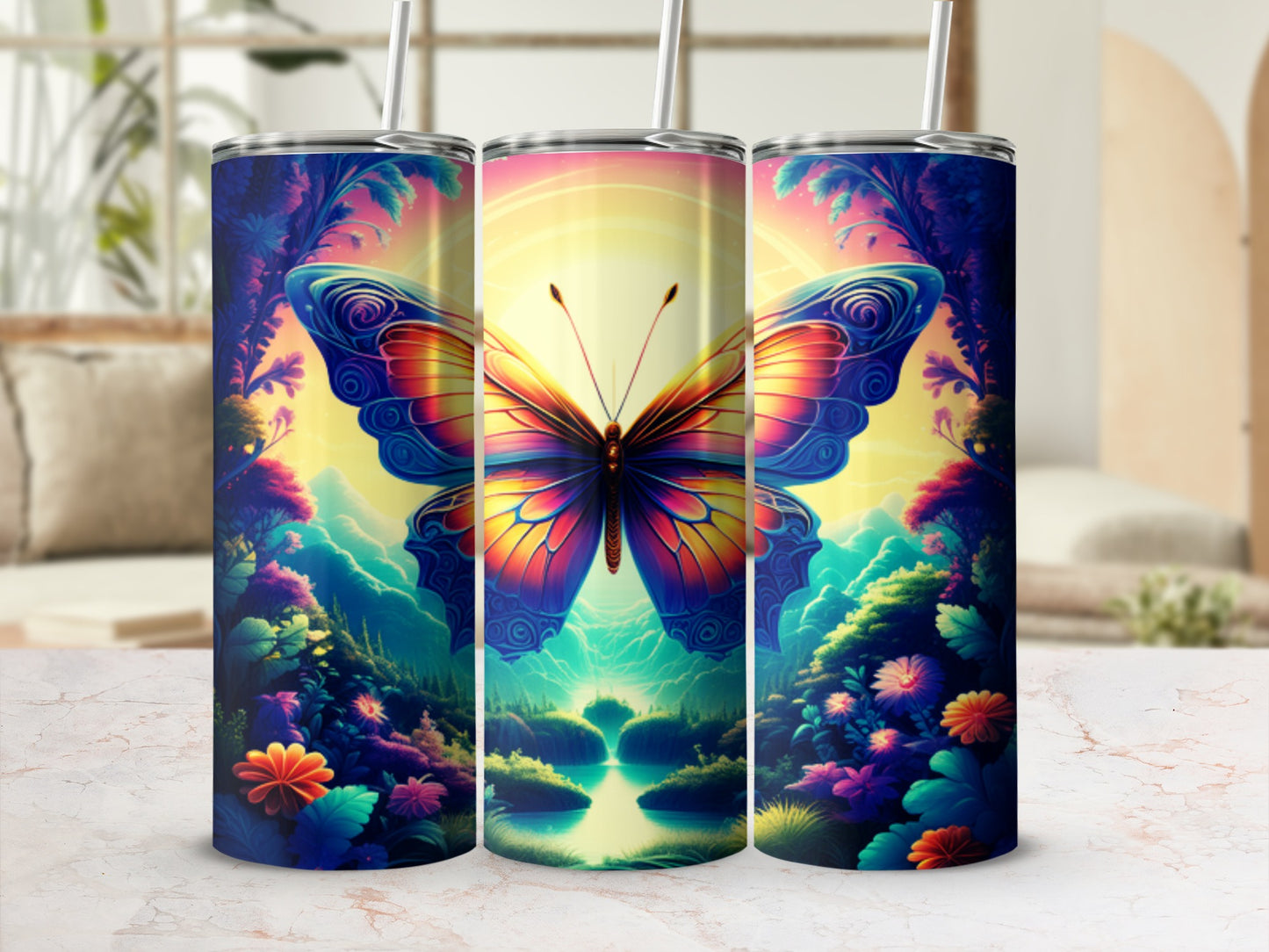 Colorful butterfly over a vibrant landscape with flowers and trees.