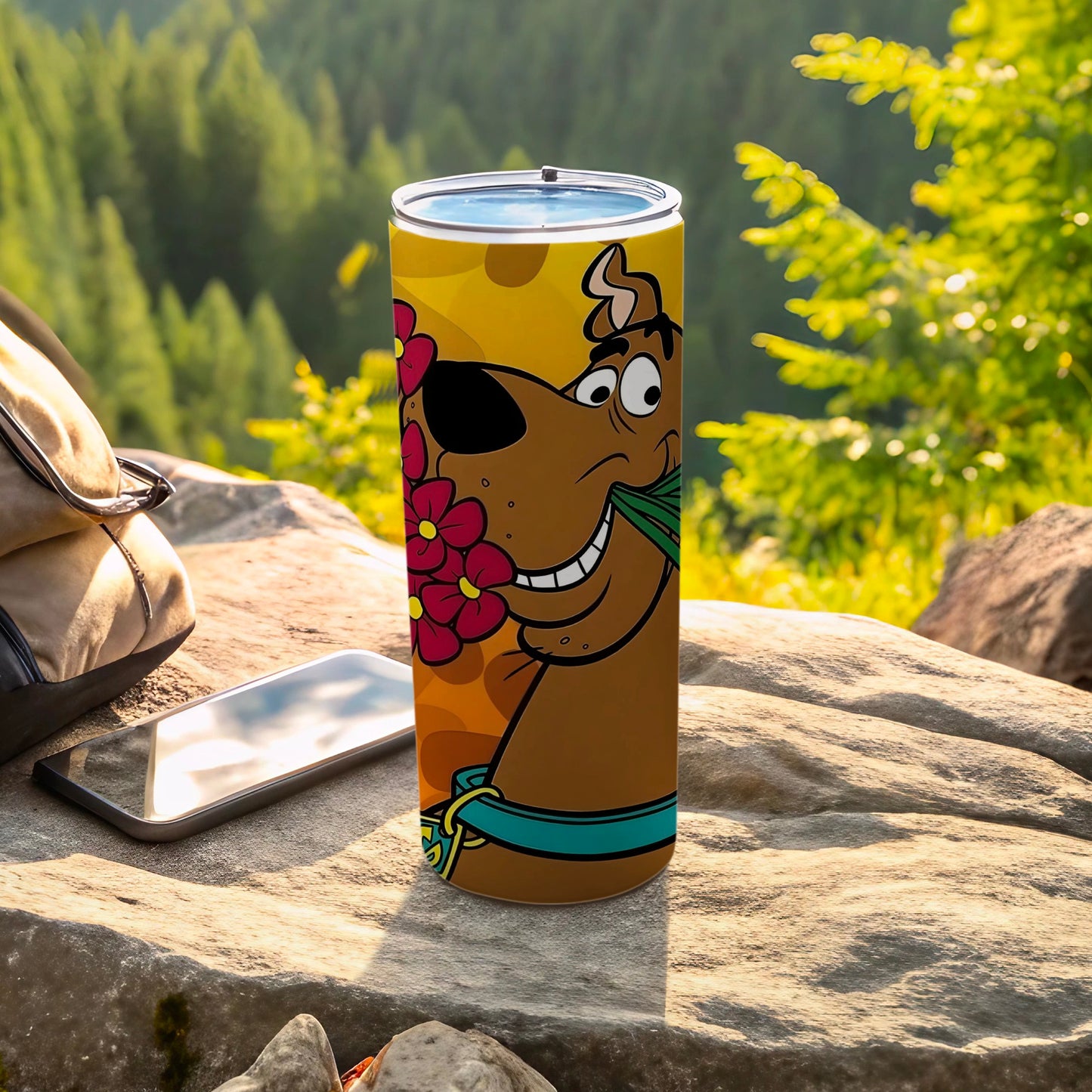 Scooby-Doo cartoon character with flowers on a tall insulated tumbler.