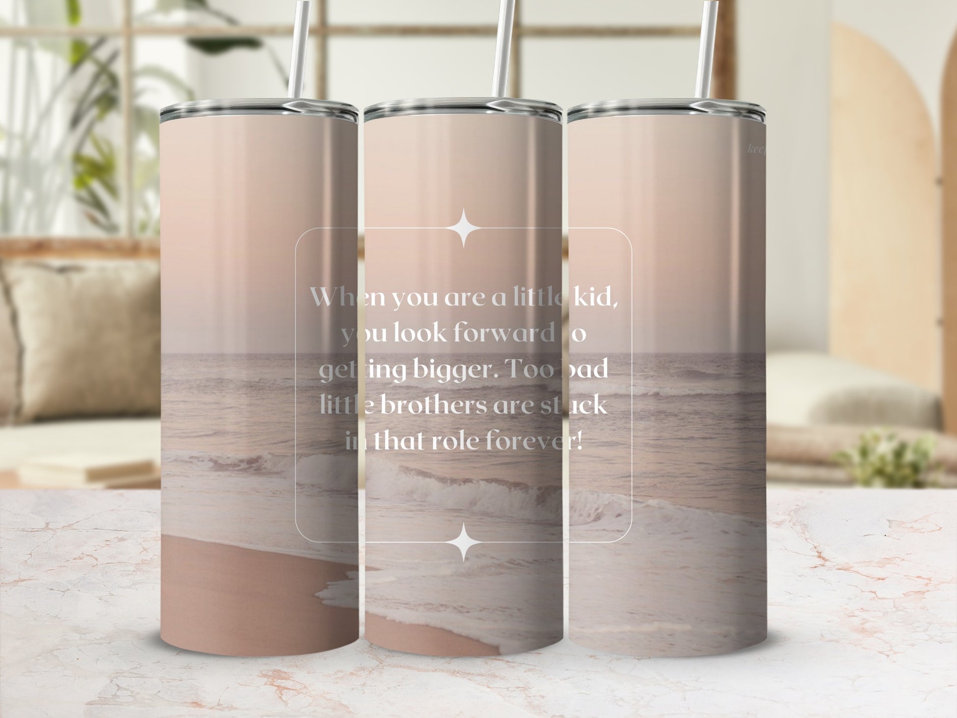 Motivational Quote Beach Scene Print Tumbler Cup