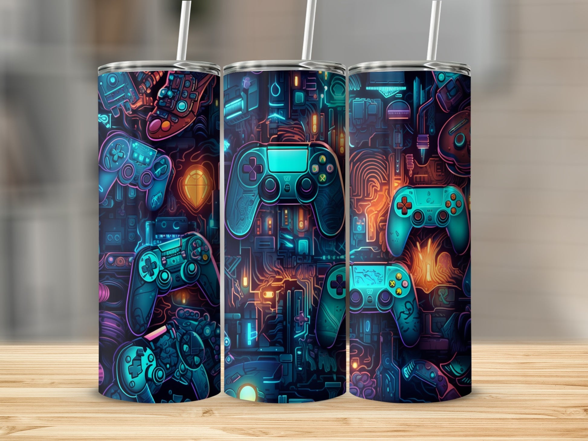 Three gaming controller tumblers with neon blue and purple circuit board designs.