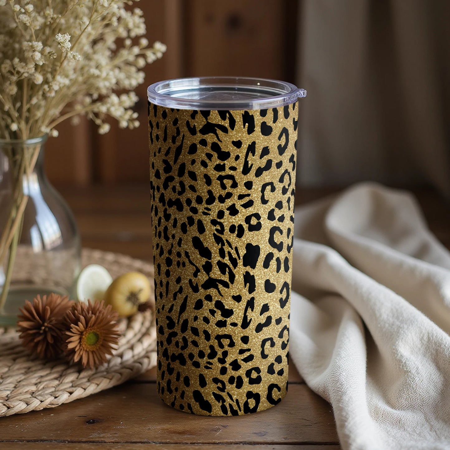 Leopard Print Gold and Black Insulated Tumbler Cup