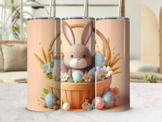 Easter bunny in basket with decorated eggs and flowers.