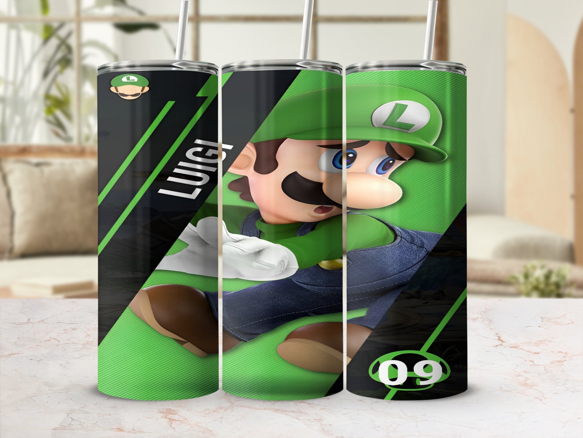 Luigi character from Super Mario series on a green and black patterned tumbler.