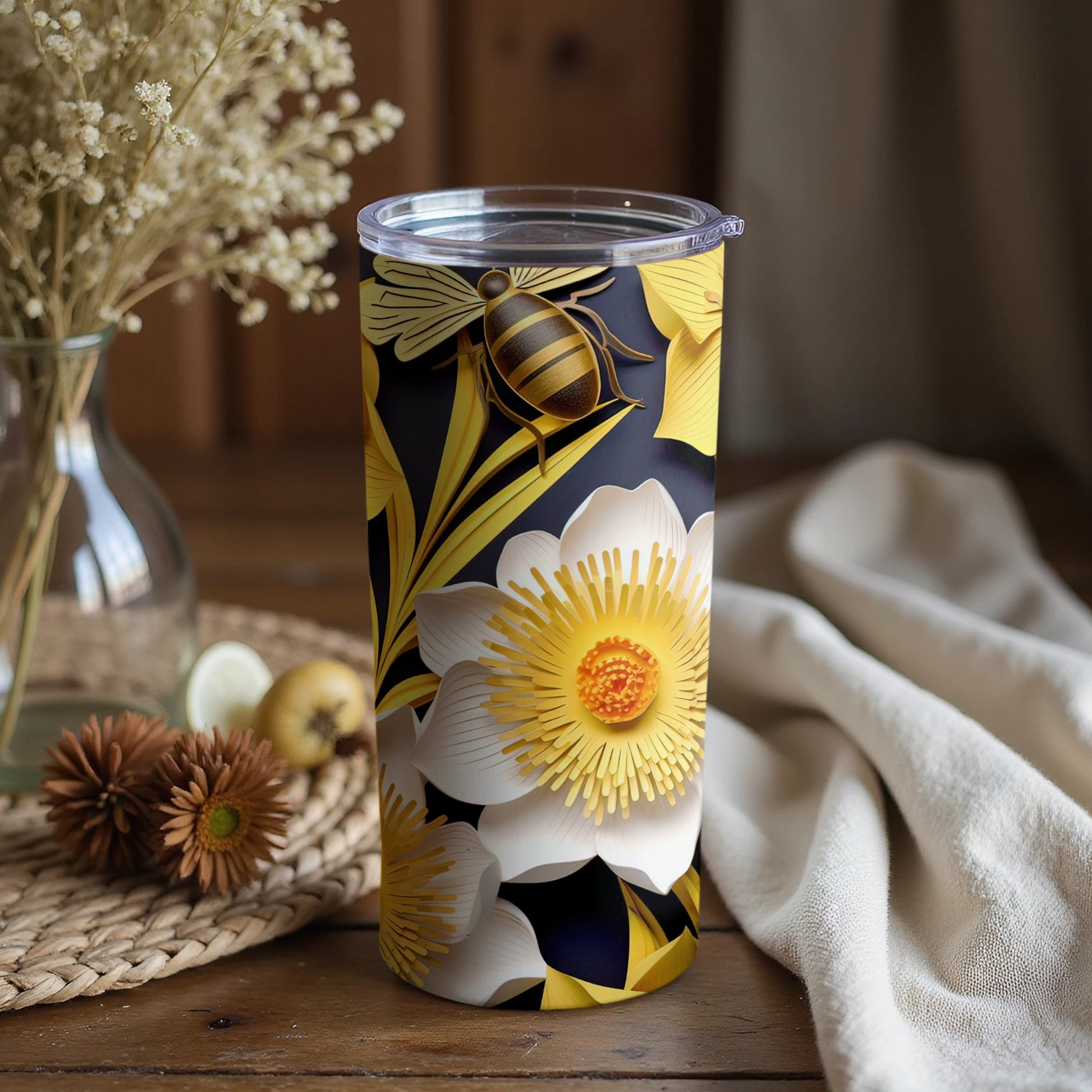 Floral Bee Design Insulated Tumbler for Beverages