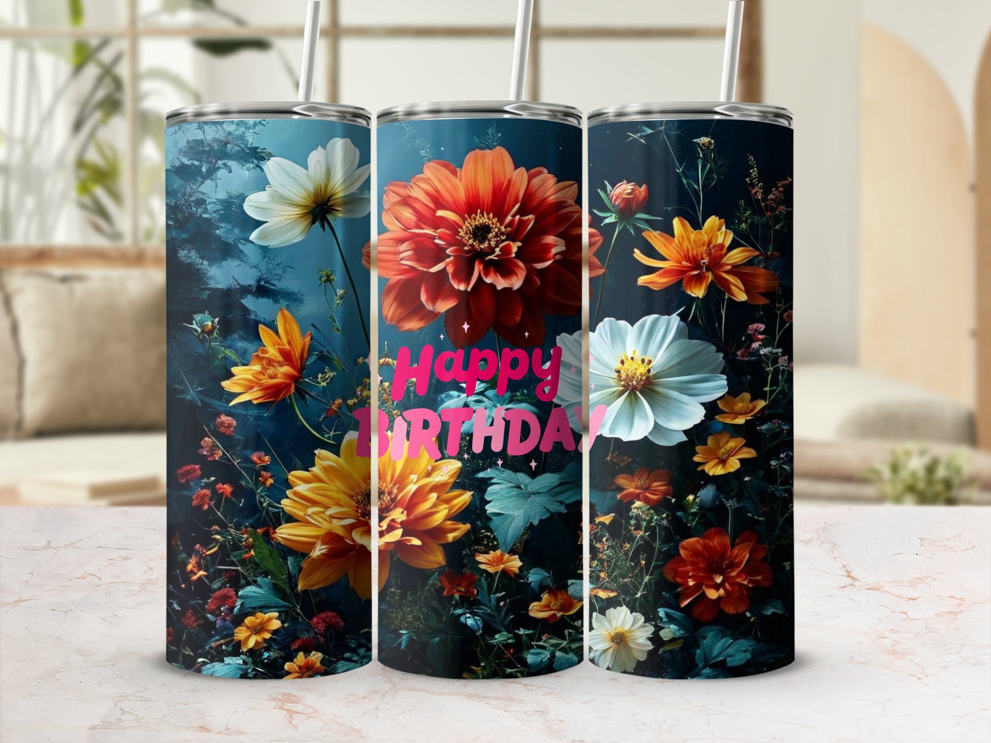 Happy Birthday tumbler with floral design and two straws.