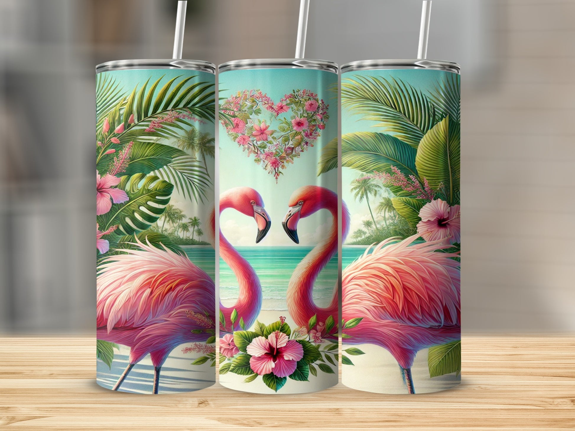 Tropical Flamingo Tumbler with Floral Heart Design
