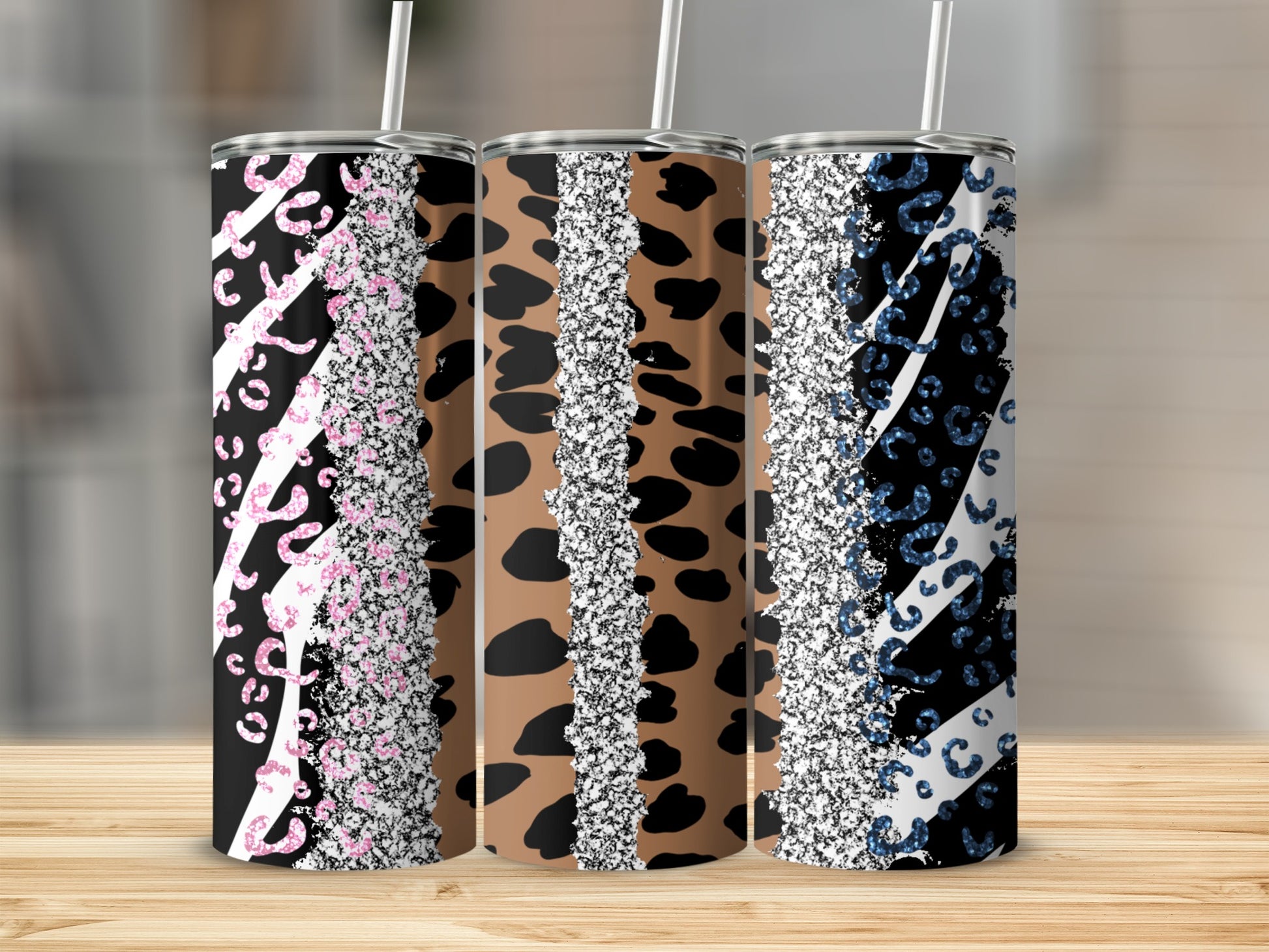 Glitter Leopard Print Tumbler With Straw Tumbler Cup