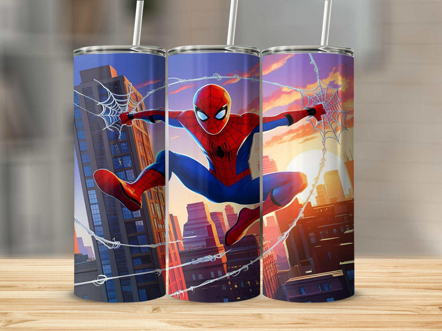Spiderman leaping between city buildings with sunset backdrop on a tumbler.