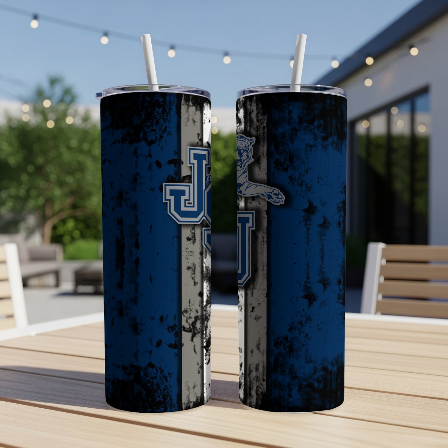 Two tumblers with blue, white, and black distressed designs featuring a tiger and "JY" logo.