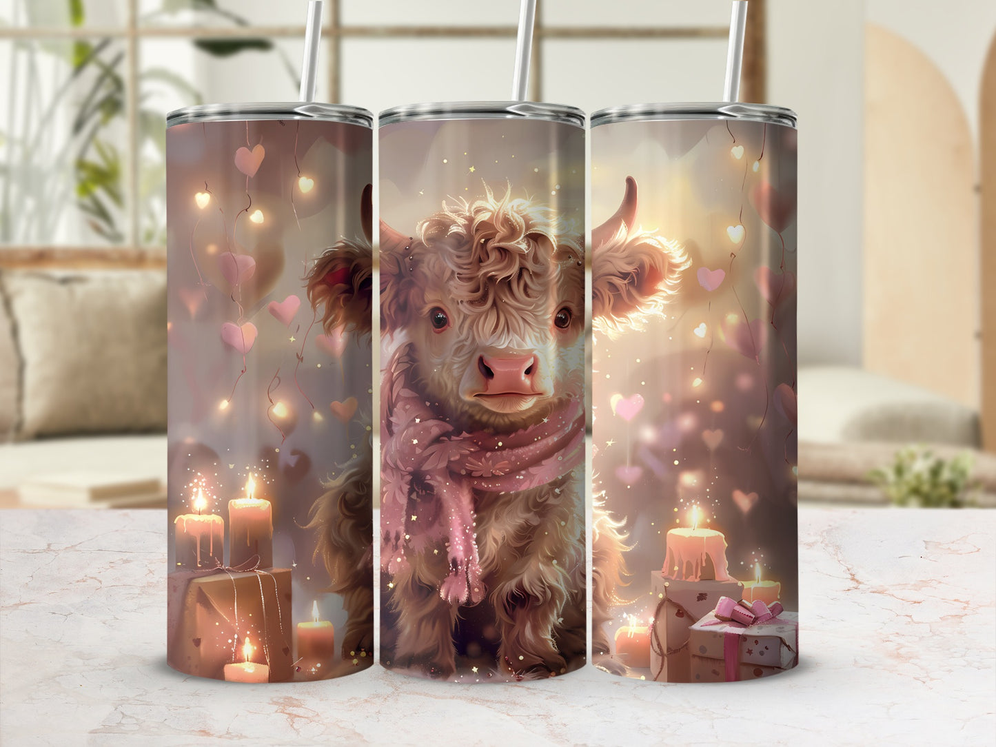 Highland cow wearing pink scarf surrounded by hearts and candles.