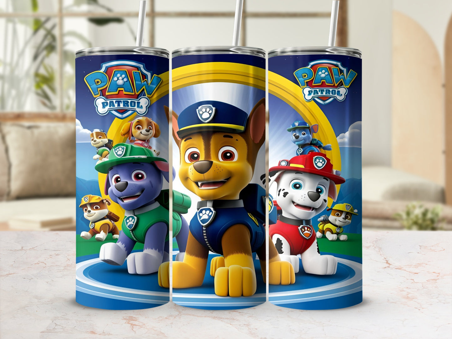 Paw Patrol characters Chase, Rubble, and Marshall on tumblers.