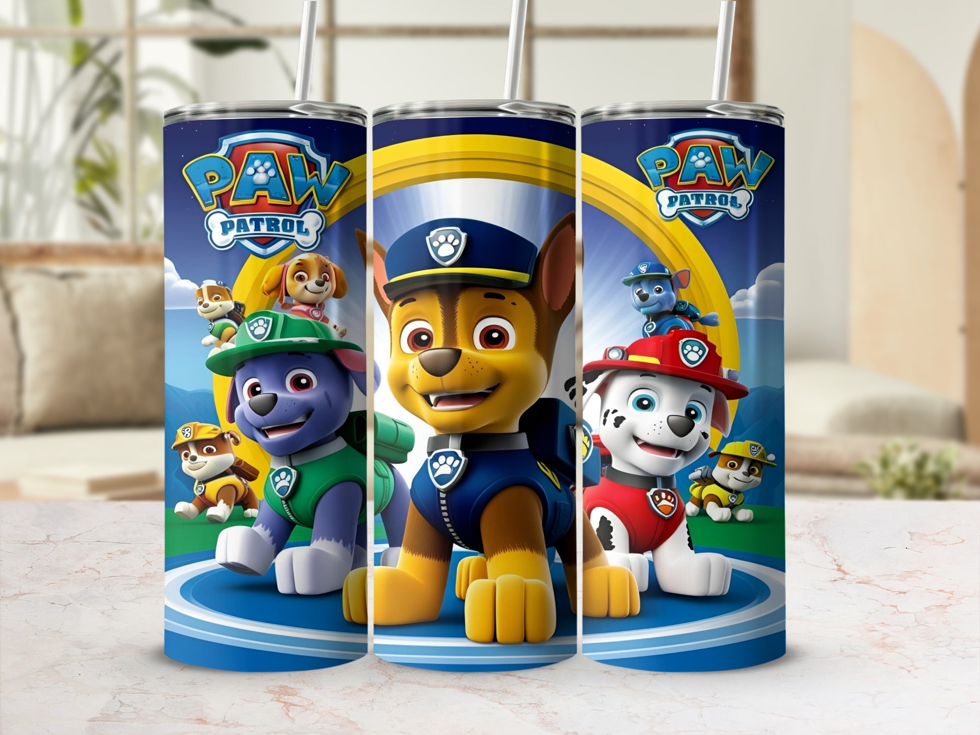 Paw Patrol characters Chase, Rubble, and Marshall on tumblers.