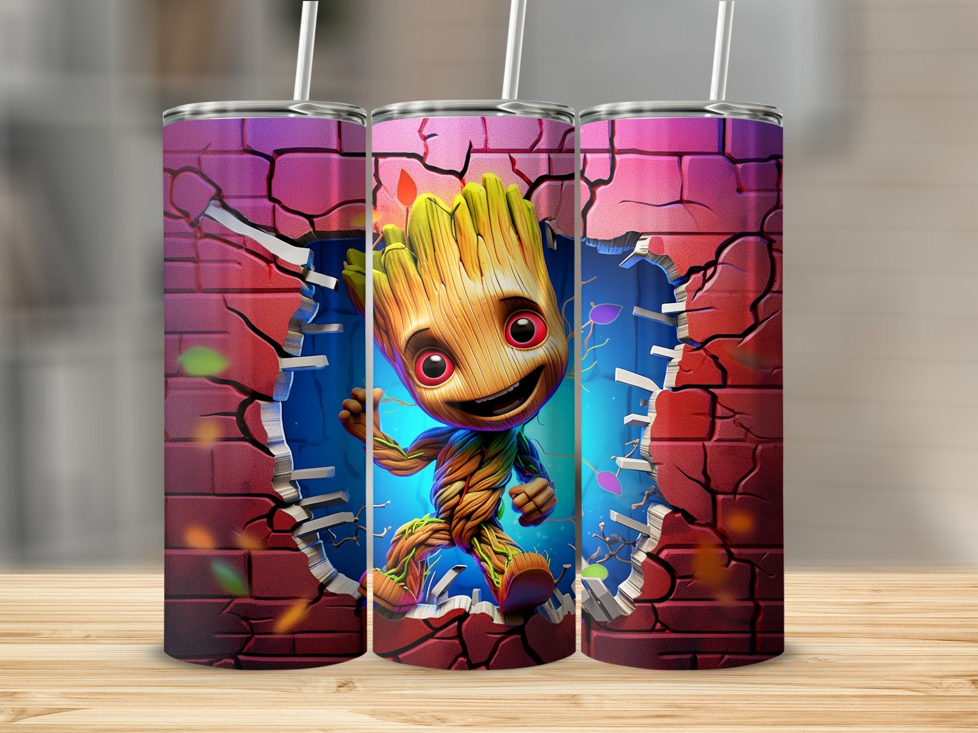 Colorful breaking wall pattern tumbler with animated tree character