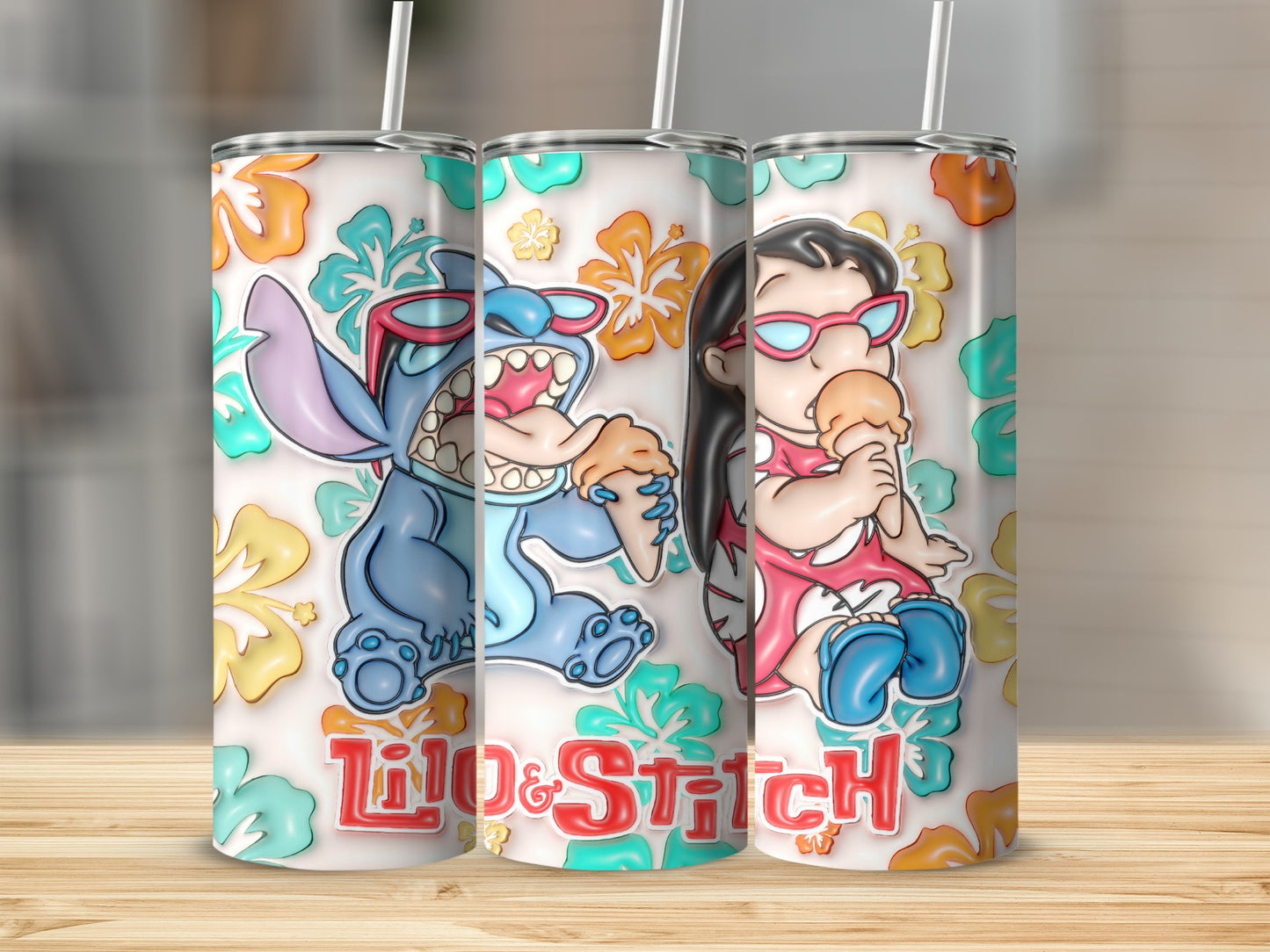 Lilo and Stitch Colorful Floral Design Tumbler Cup
