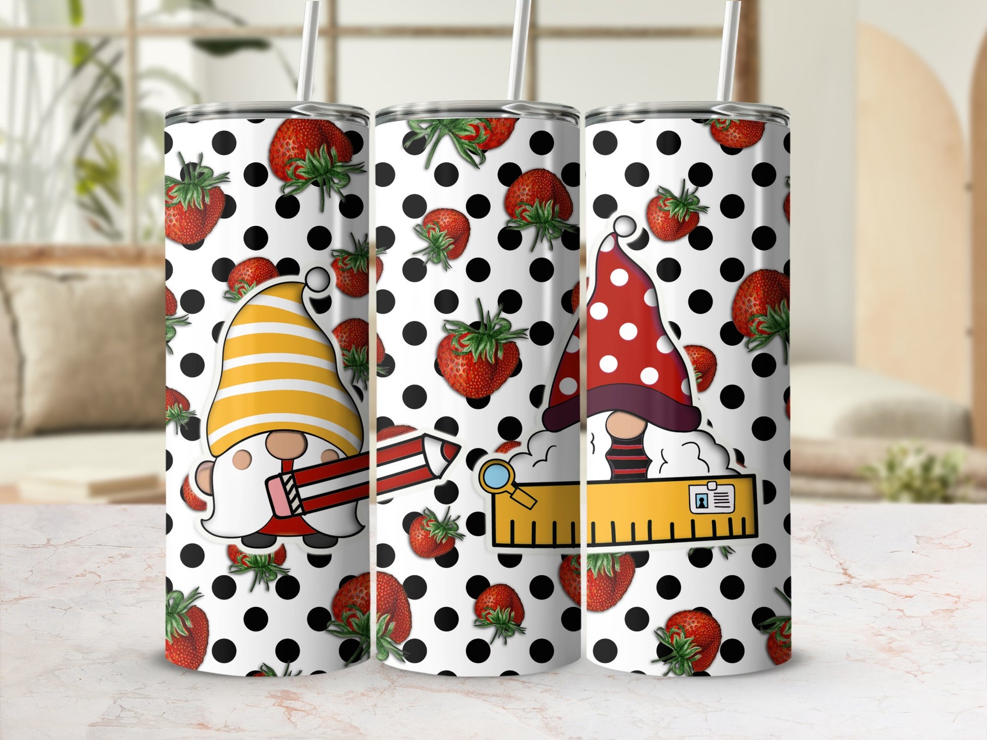 Gnomes with strawberries and rulers on speckled background.