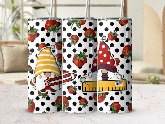 Gnomes with strawberries and rulers on speckled background.