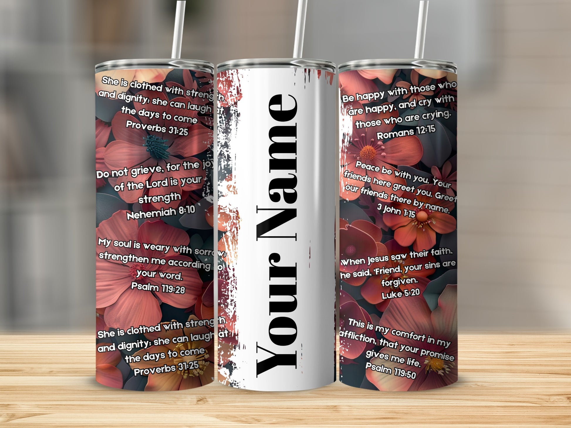 Personalized Floral Scripture Design Tumbler with Straw