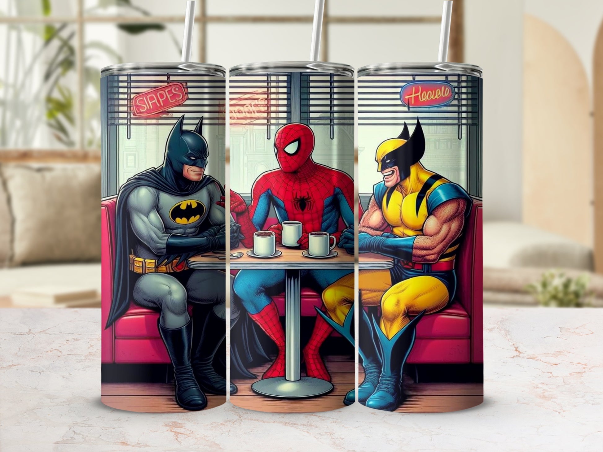 Superheroes Having Coffee Stainless Steel Tumbler