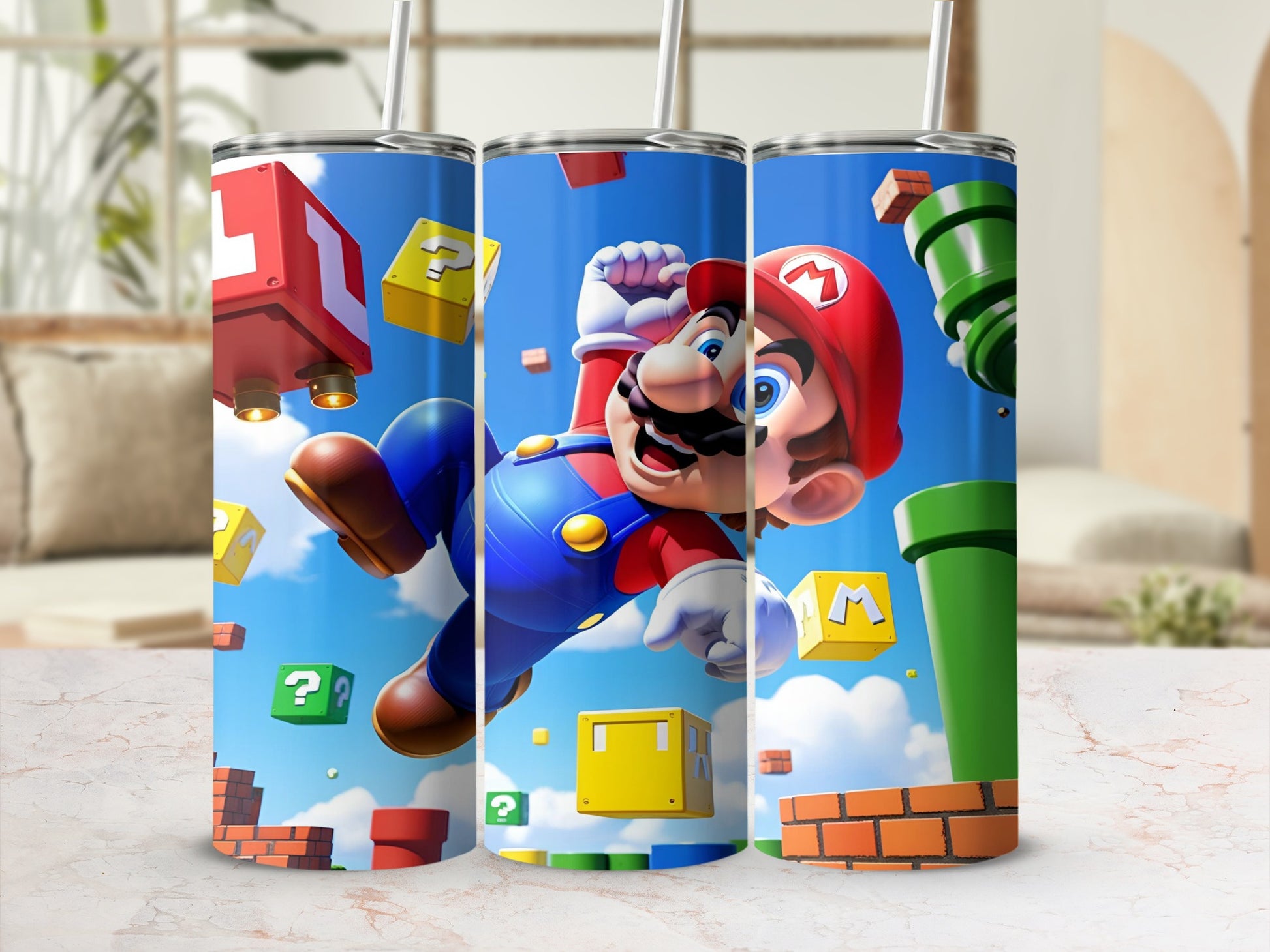 Super Mario character jumping with bricks, question blocks, and pipes.