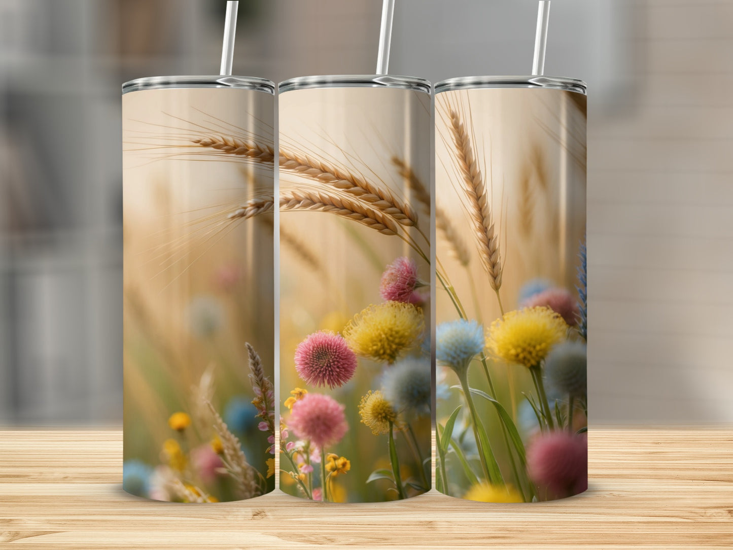 Three tumblers with wheat and wildflowers design.
