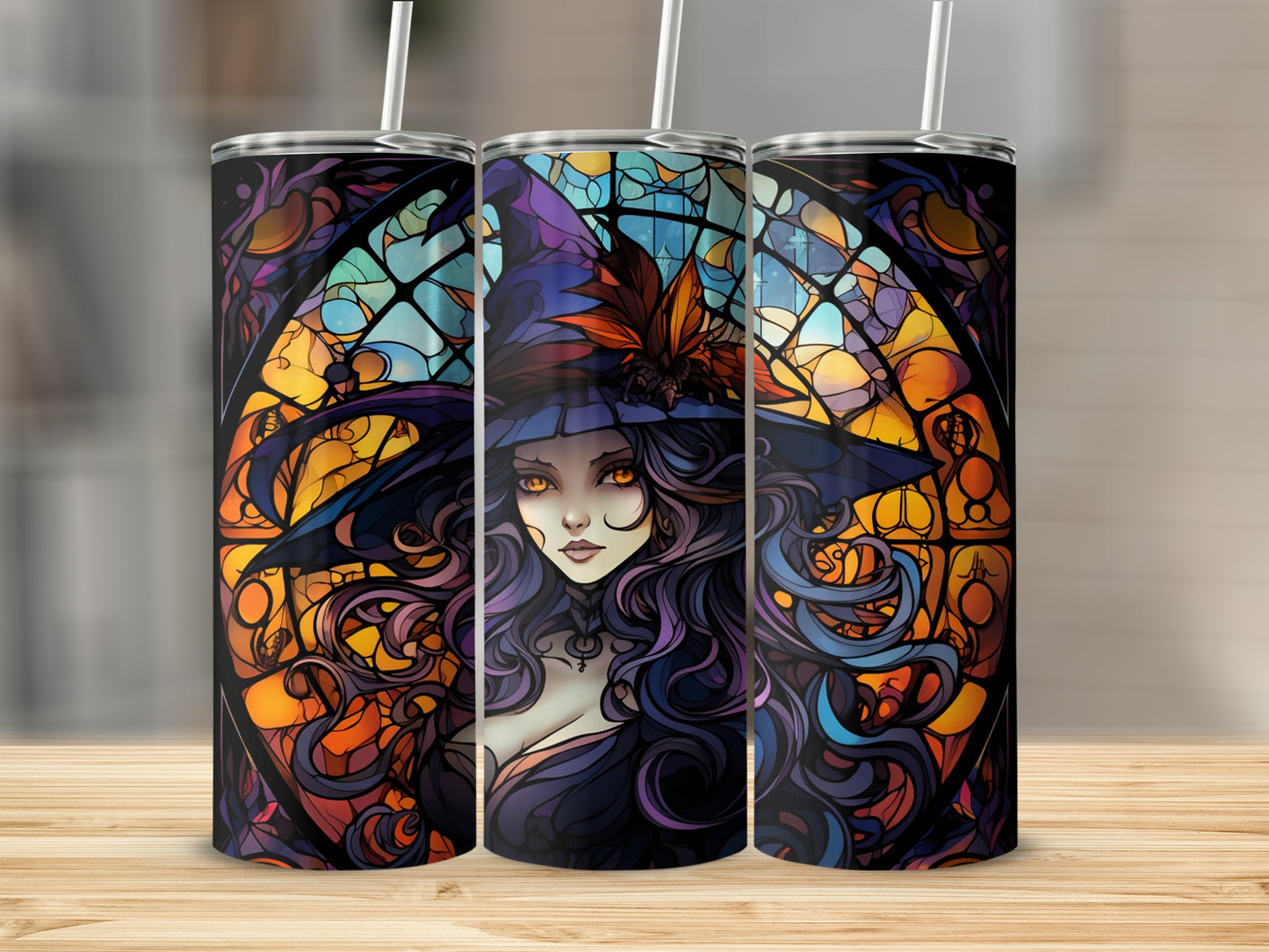 Witch with purple hair and witch hat in stained glass design.