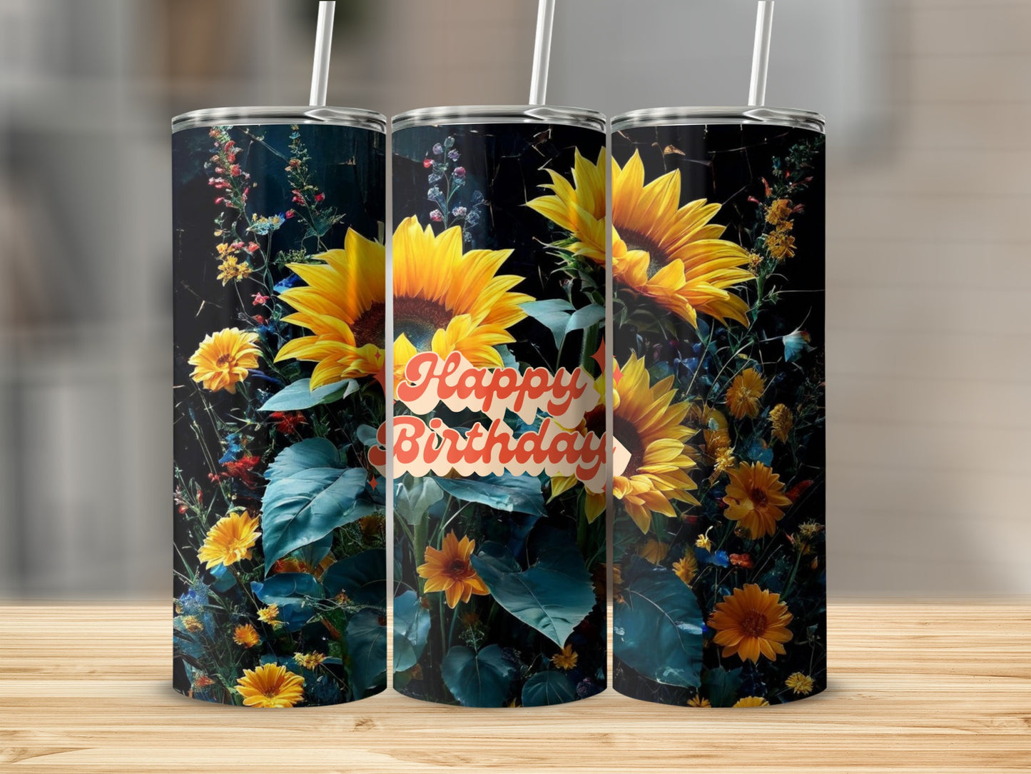 Sunflower birthday tumbler with "Happy Birthday" text.