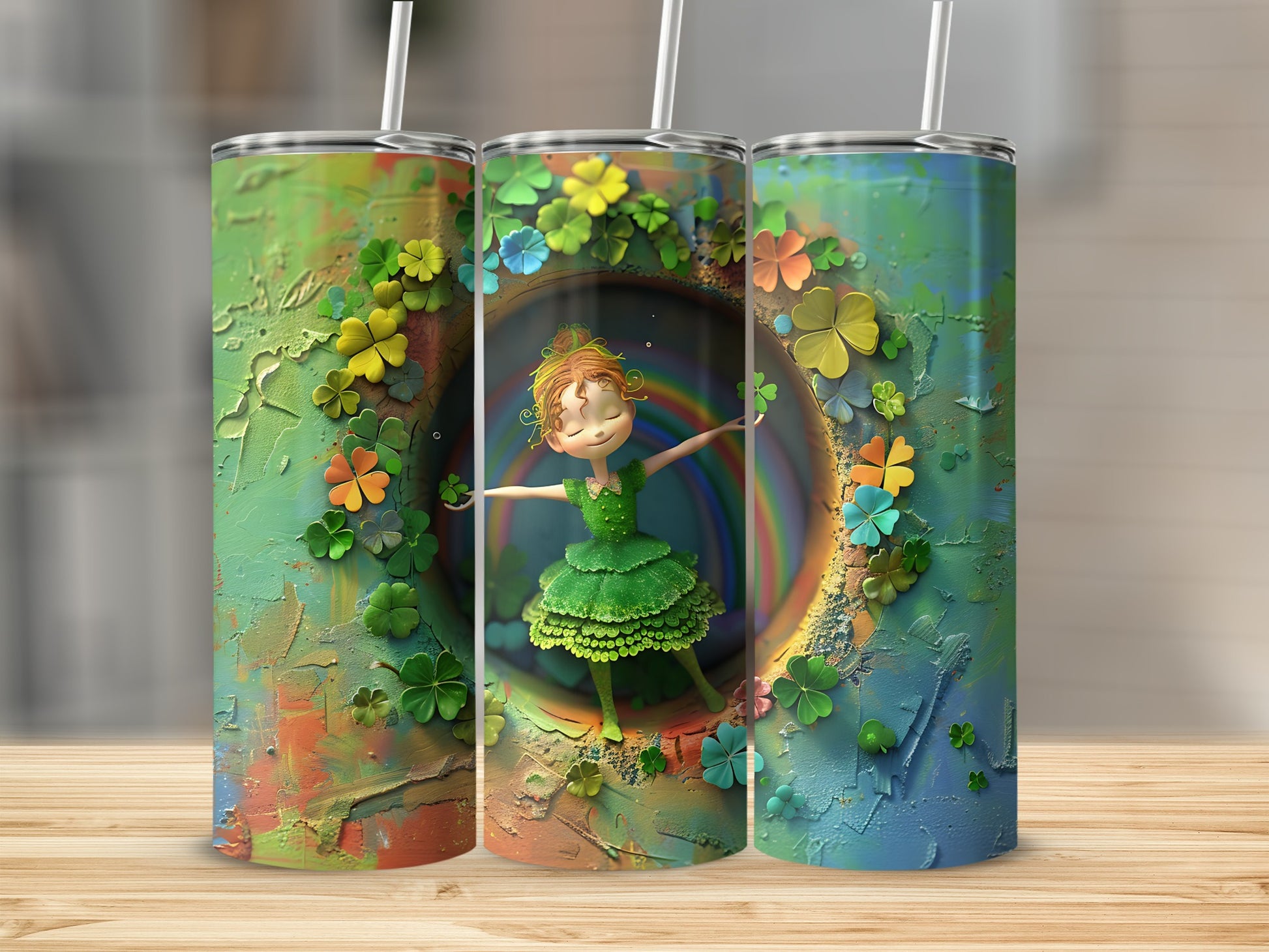 Three tumblers decorated with a dancing girl and shamrocks.