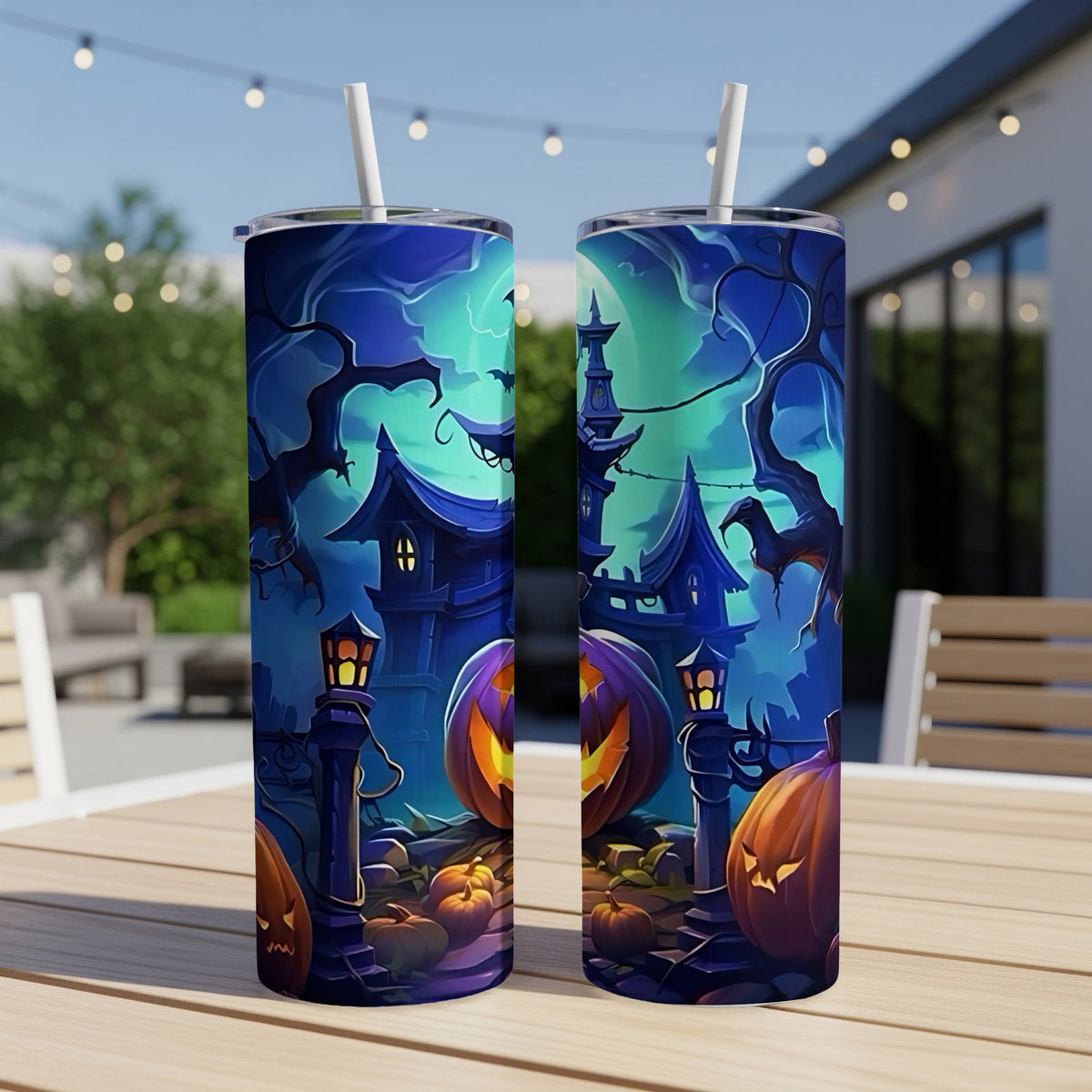 Halloween themed tumblers with haunted houses, pumpkins, and bats.