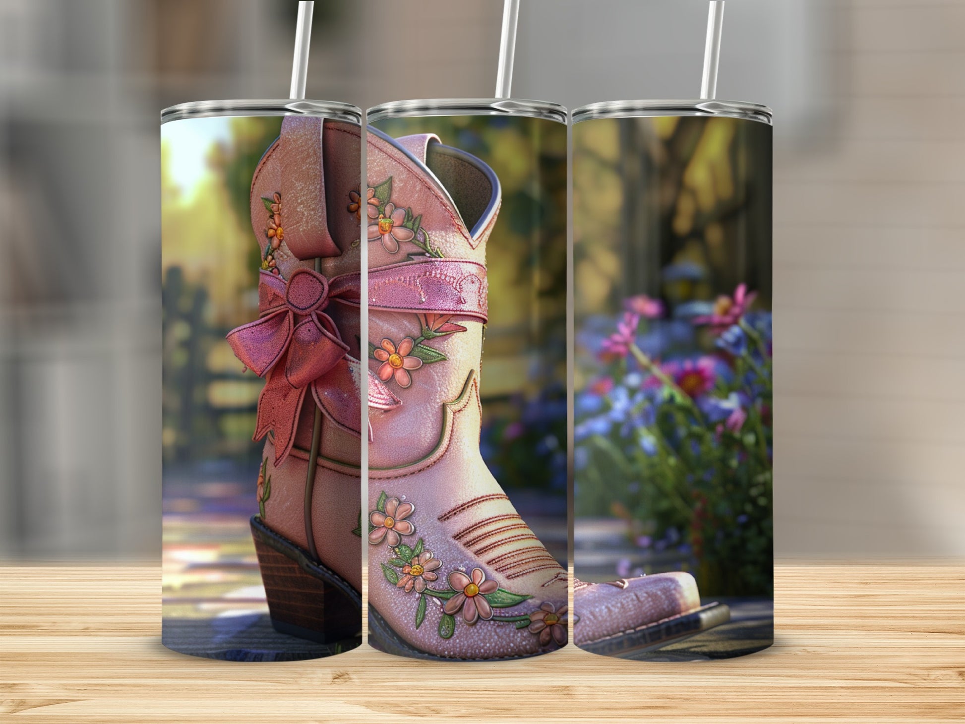 Pink floral cowboy boot tumbler with straw and rustic background.