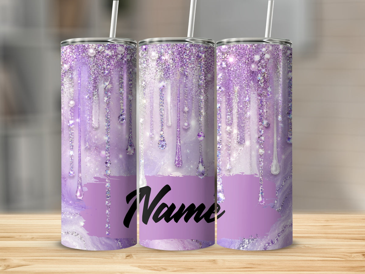 Three purple tumblers with glitter drip design and "Name" text.