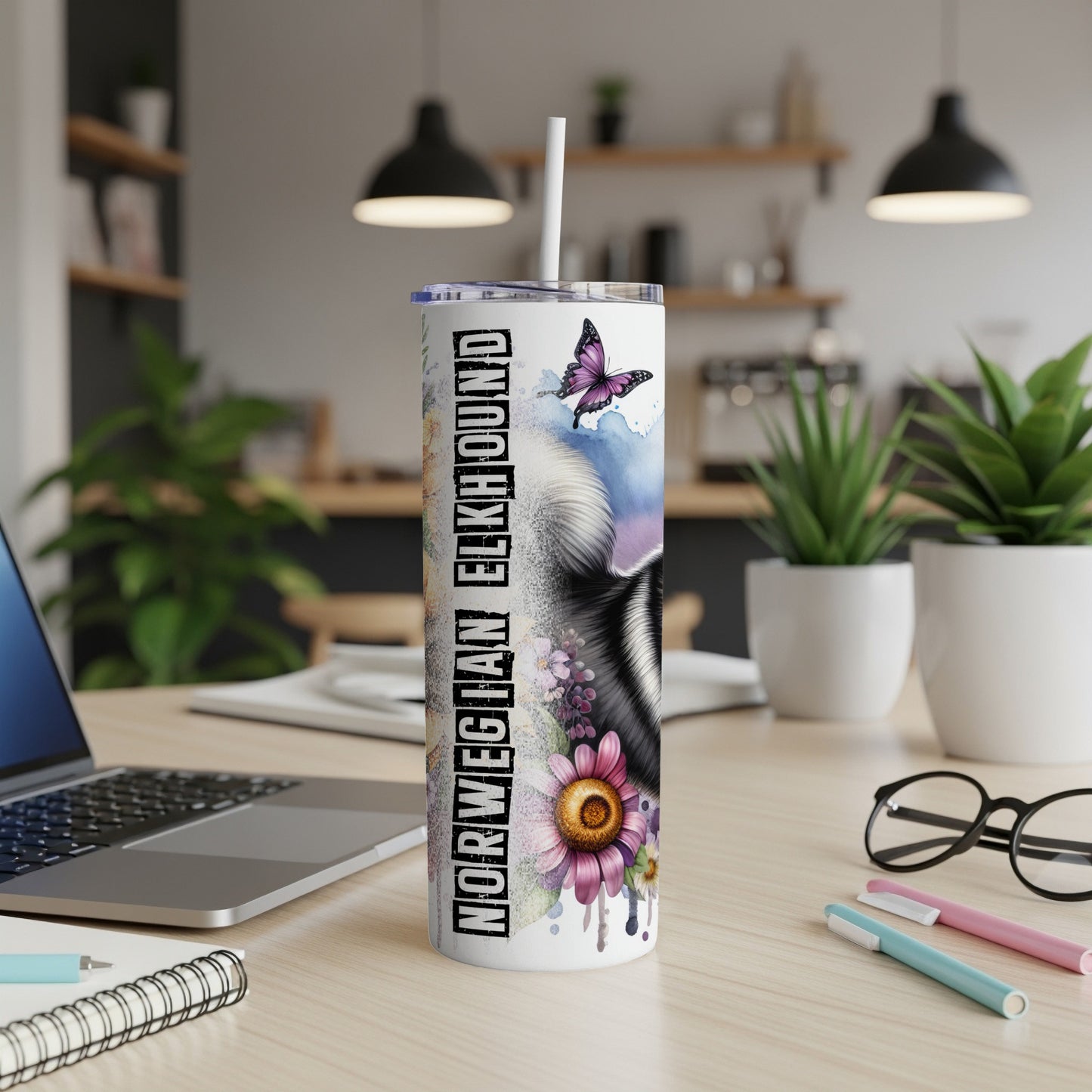 White tumbler with Norwegian Elkhound graphic, purple butterfly, and floral design.