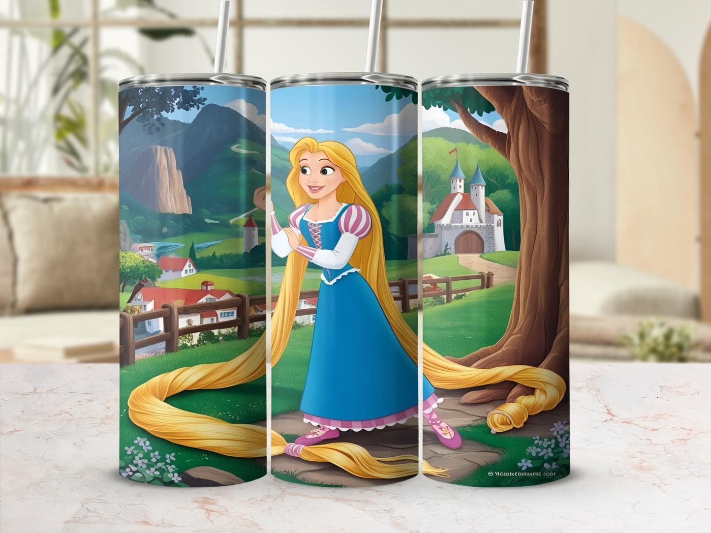 Rapunzel in blue dress with long blonde hair, standing near castle.