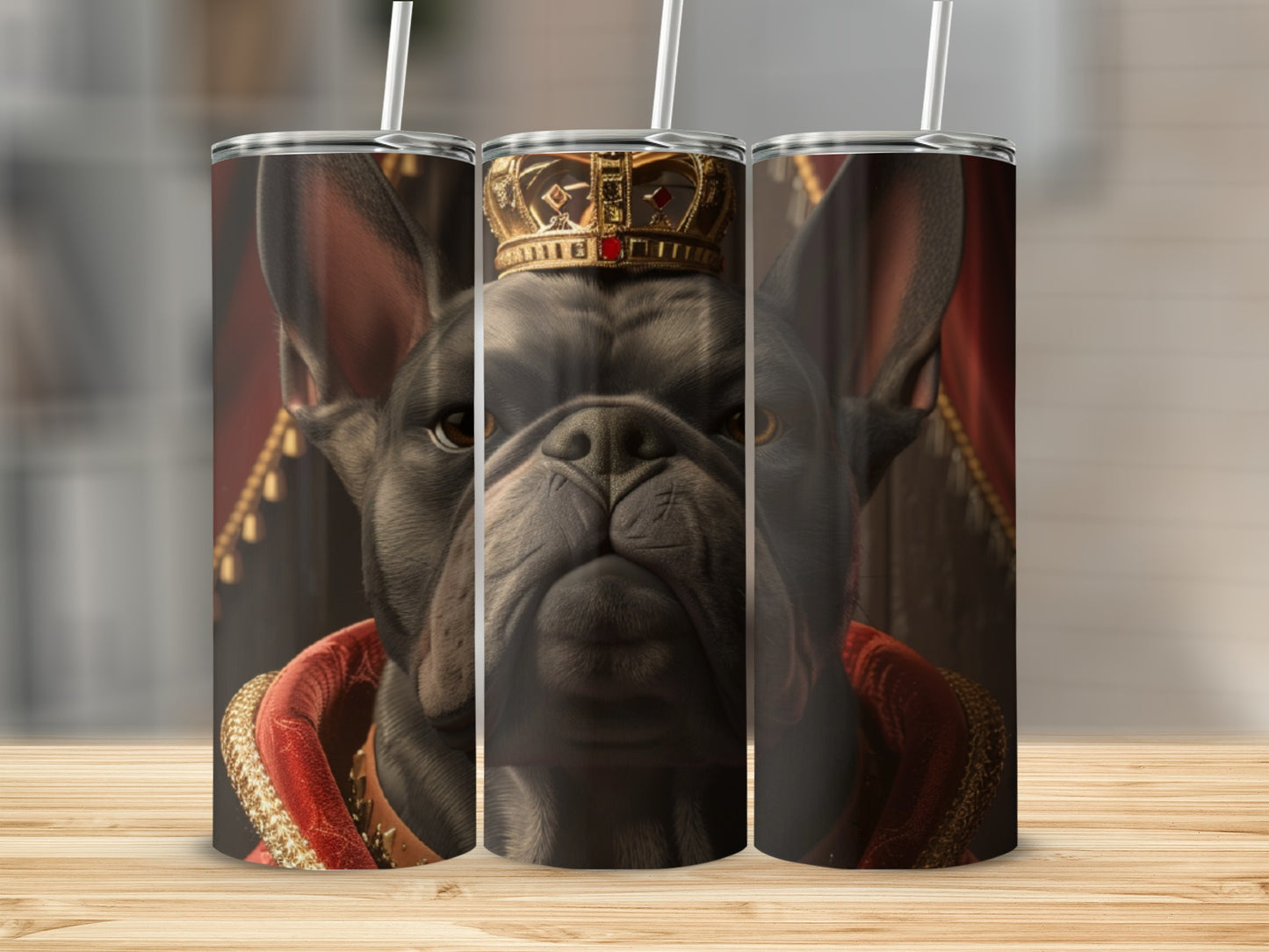 French bulldog wearing a crown and royal robe.
