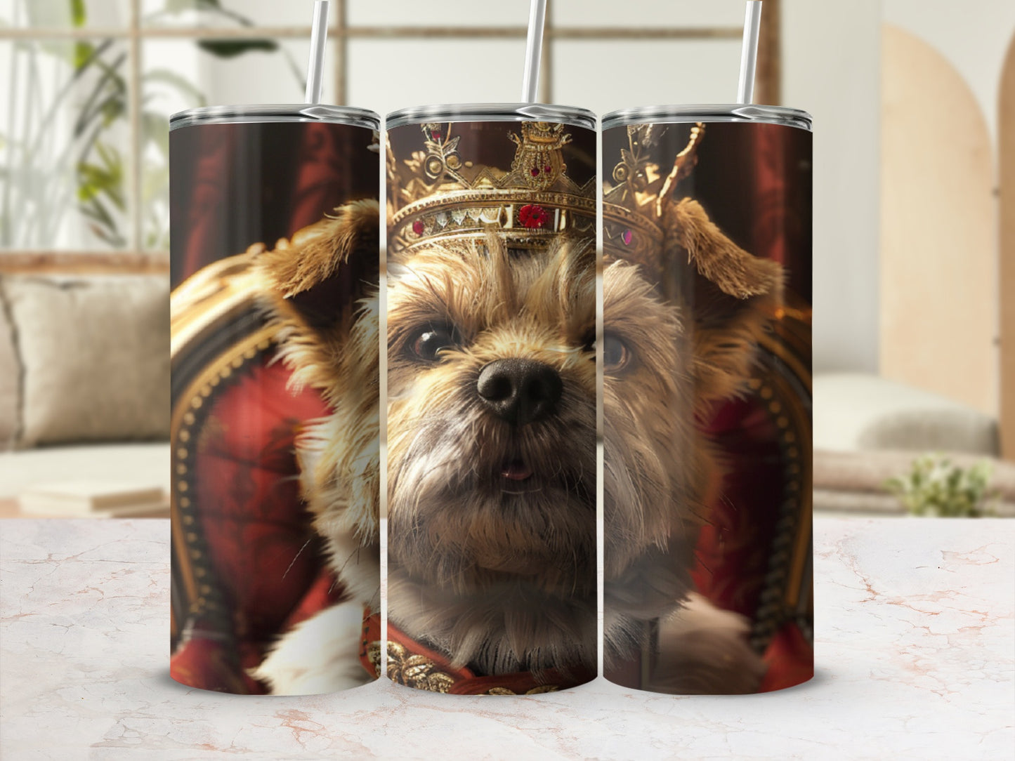 Yorkshire Terrier wearing a crown and royal attire.