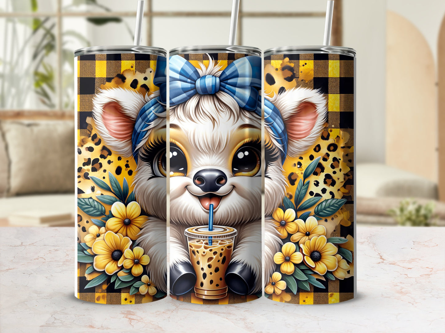 Cute cartoon cow wearing a blue bow and holding a iced coffee.