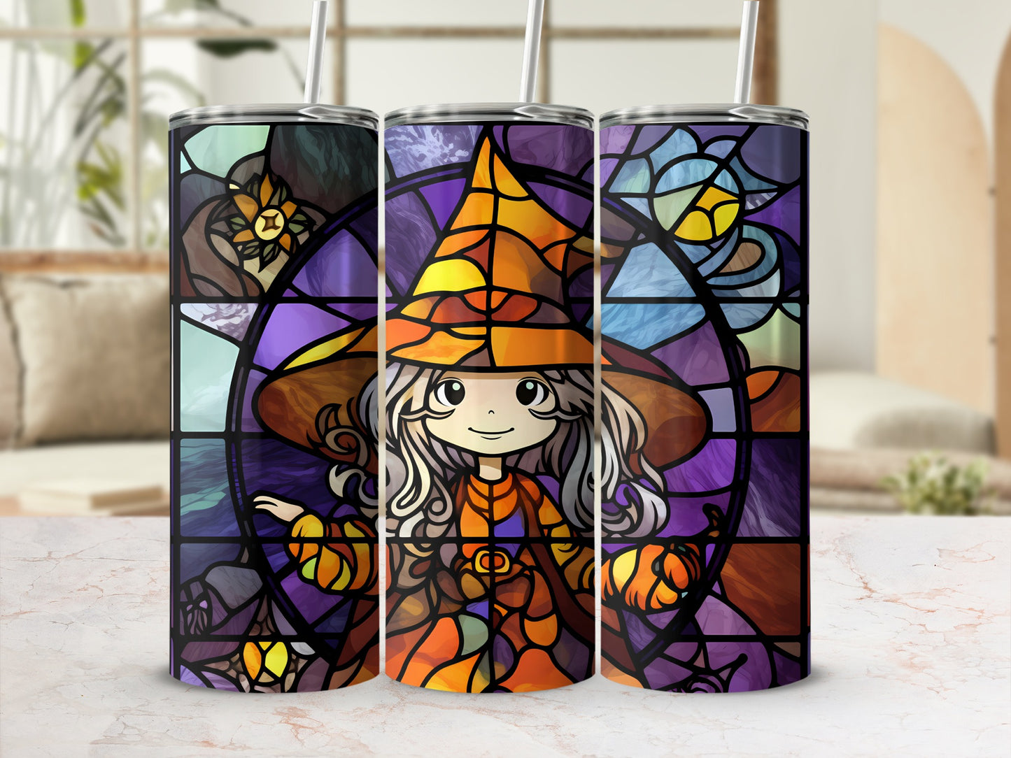 Stained glass tumbler with a cute witch wearing an orange hat.