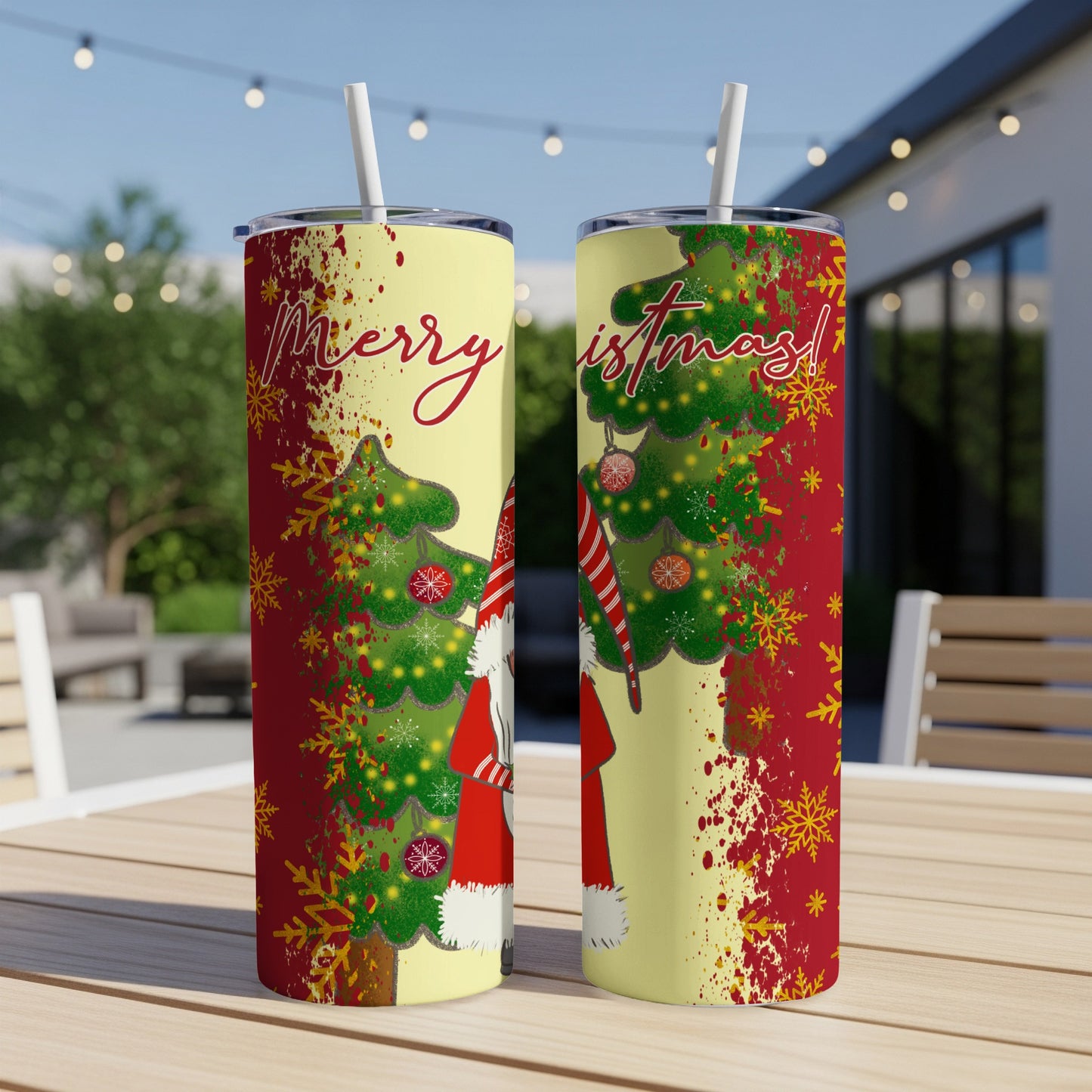 Two tumblers with Santa, Christmas tree, and "Merry Christmas!" text.