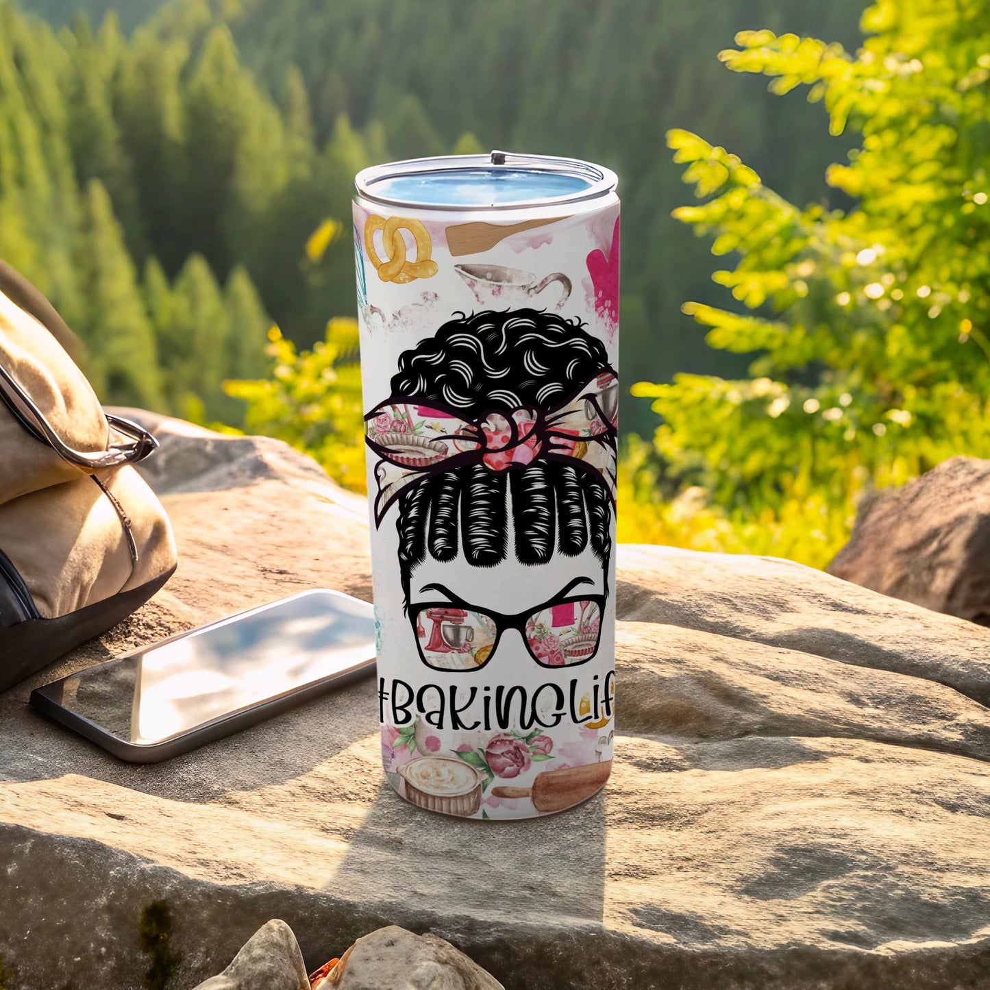 Tumbler with "Baking Life" text and baking-themed illustrations.