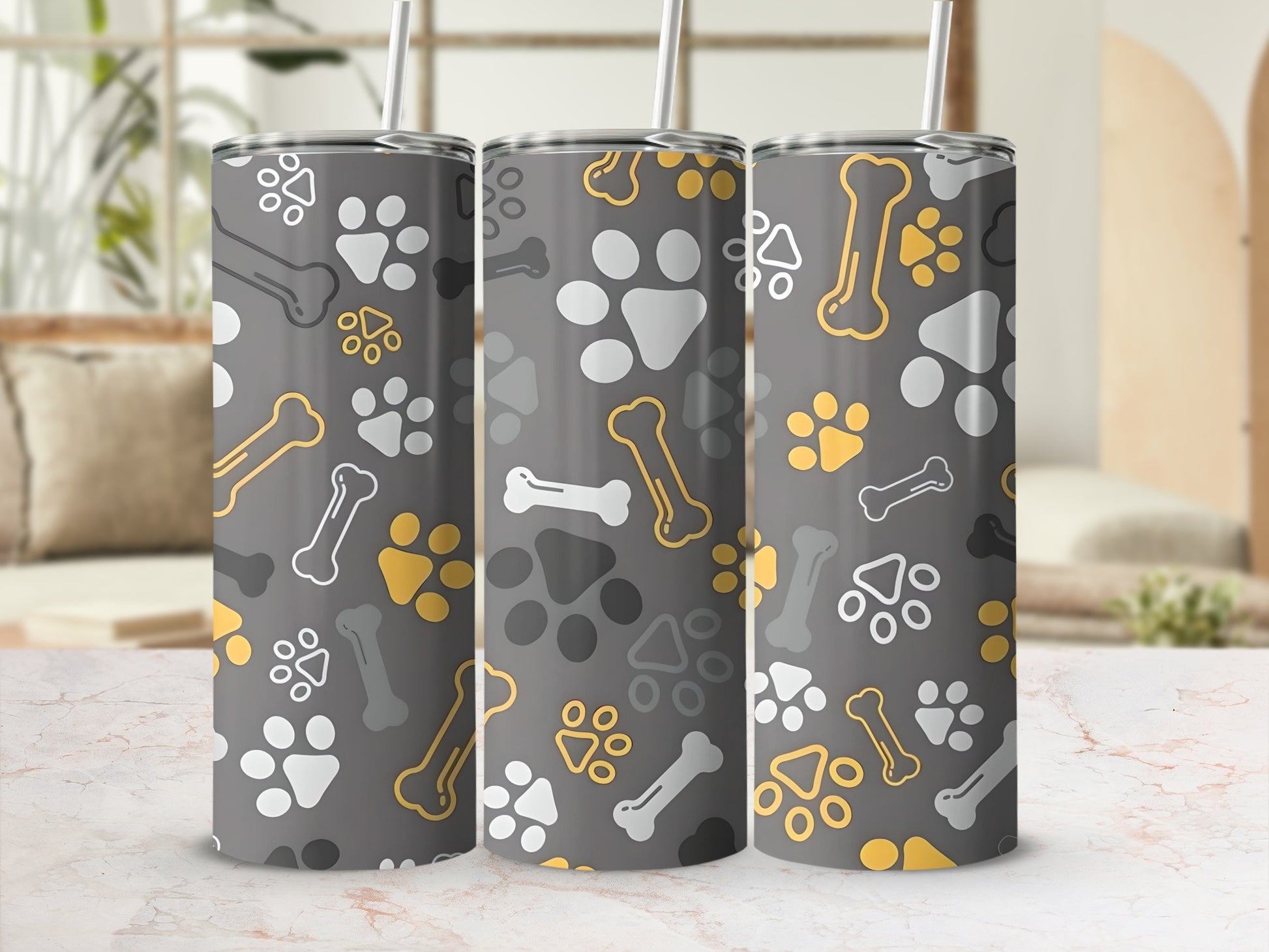 Colorful Dog Paw and Bone Patterned Tumbler Cups