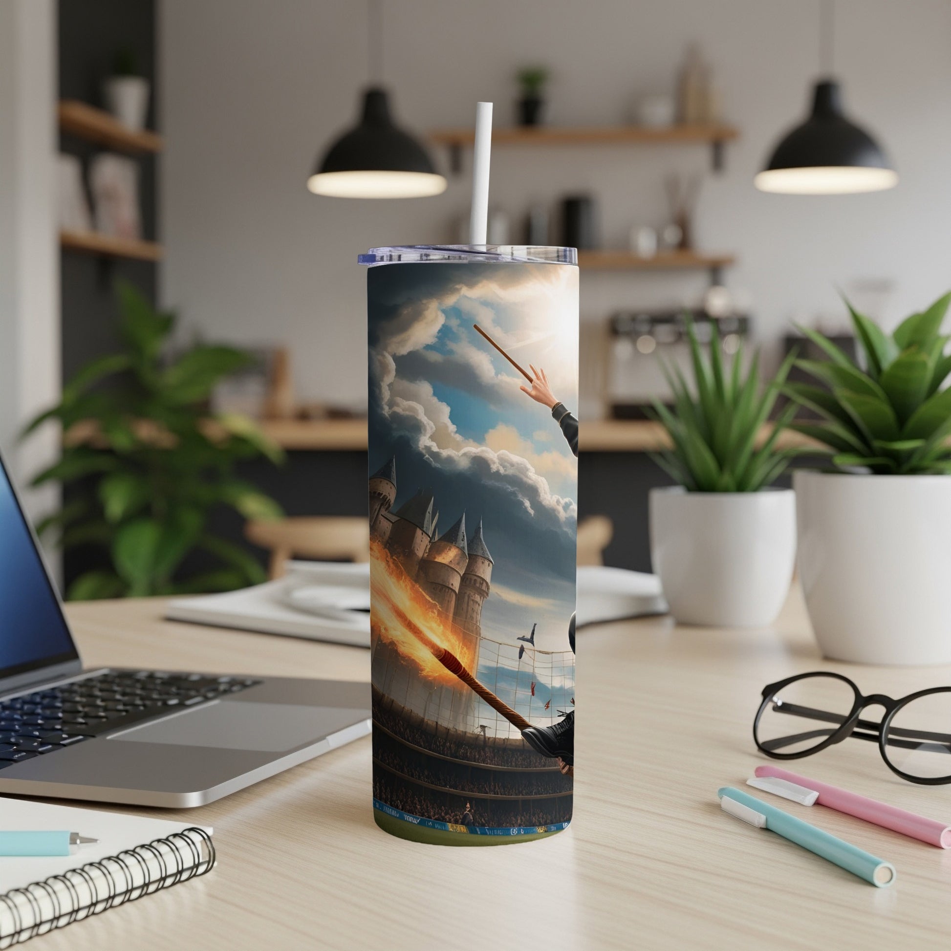 Harry Potter themed tumbler with wizarding duel, castle, and stadium.