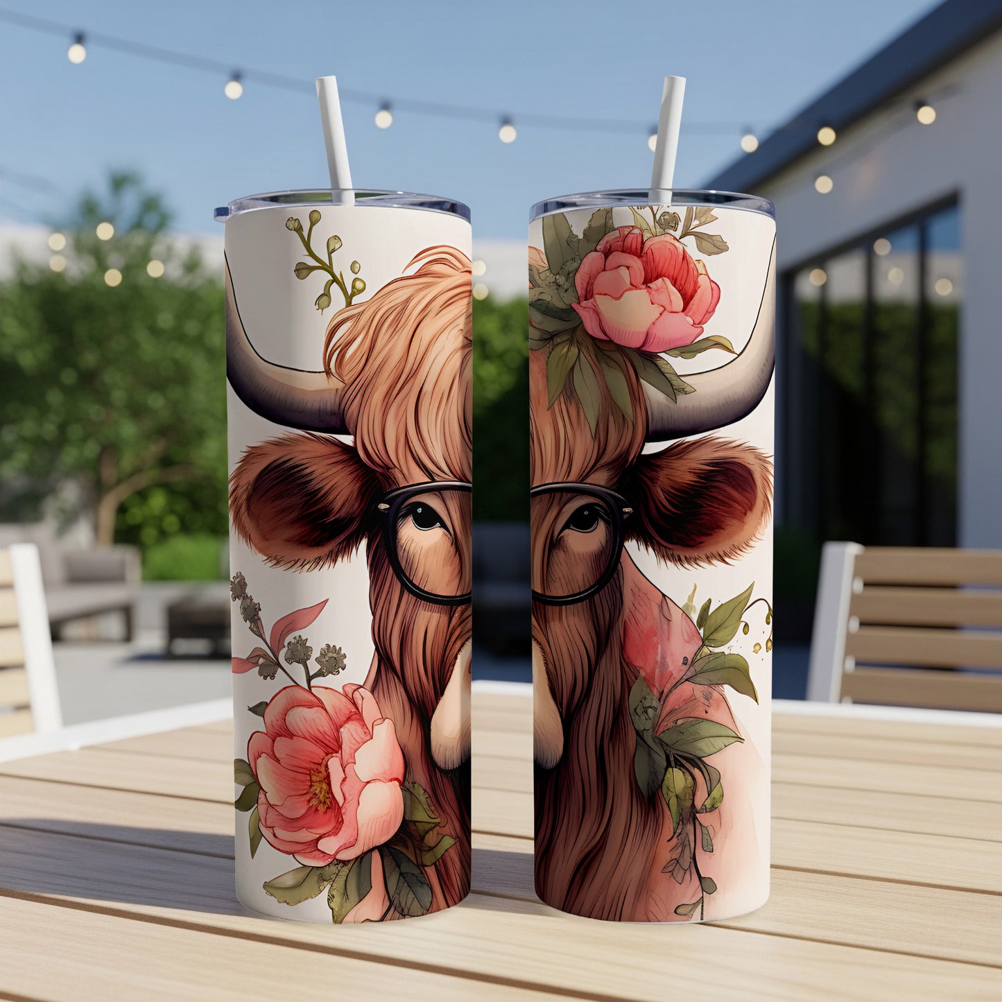 Highland cow with glasses and flowers on two tumblers.