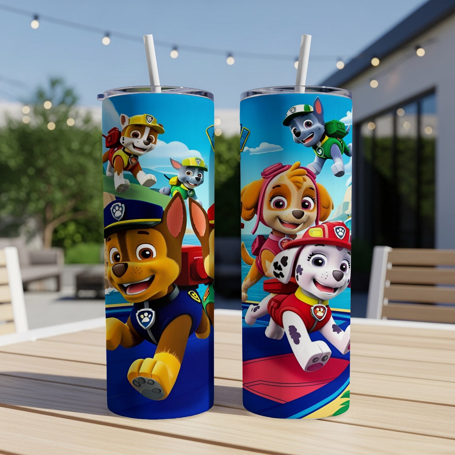 Paw Patrol characters Chase, Marshall, Skye, and Rubble on blue and red tumblers.