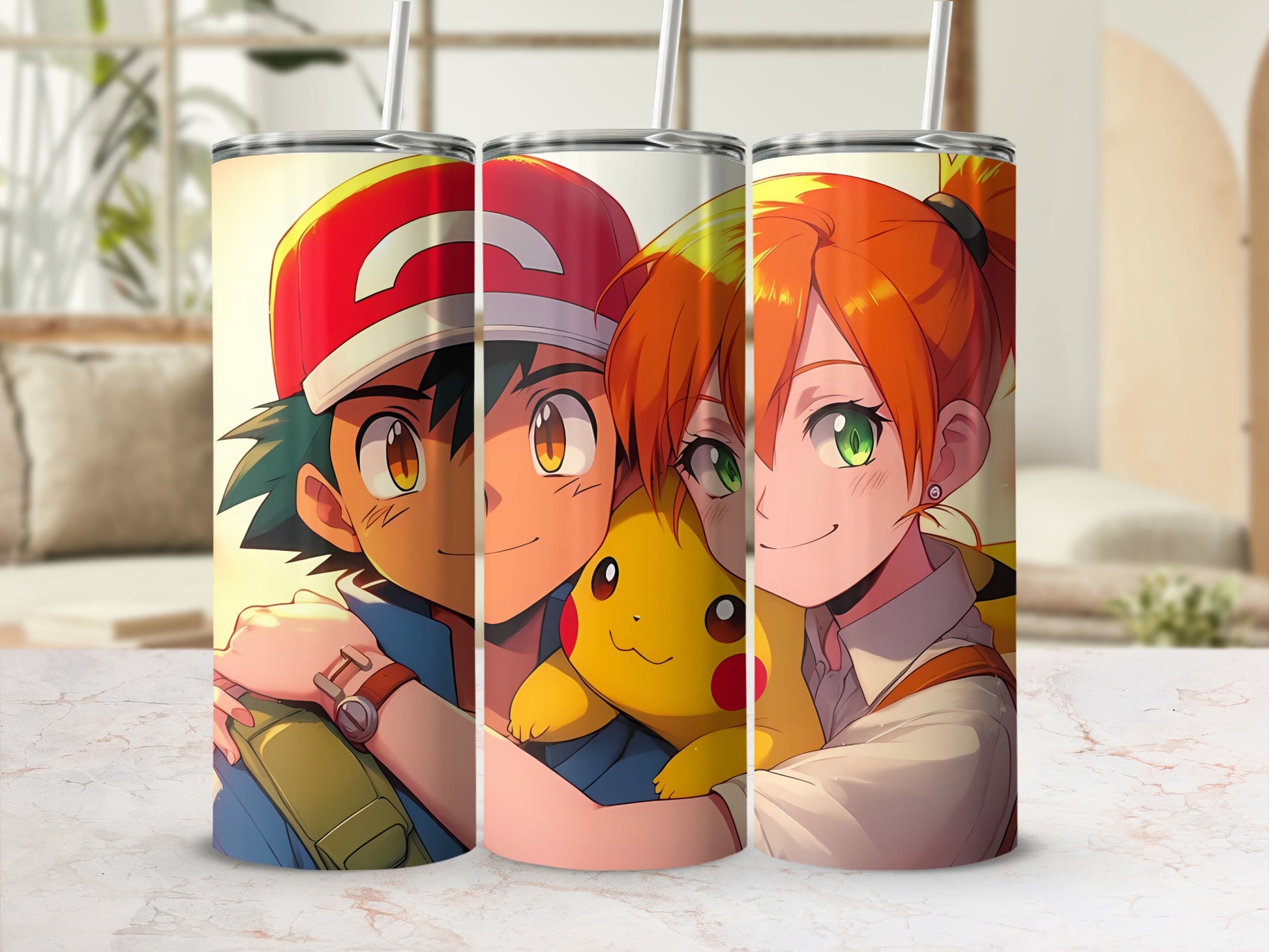 Anime Characters with Pikachu Design Tumbler Set