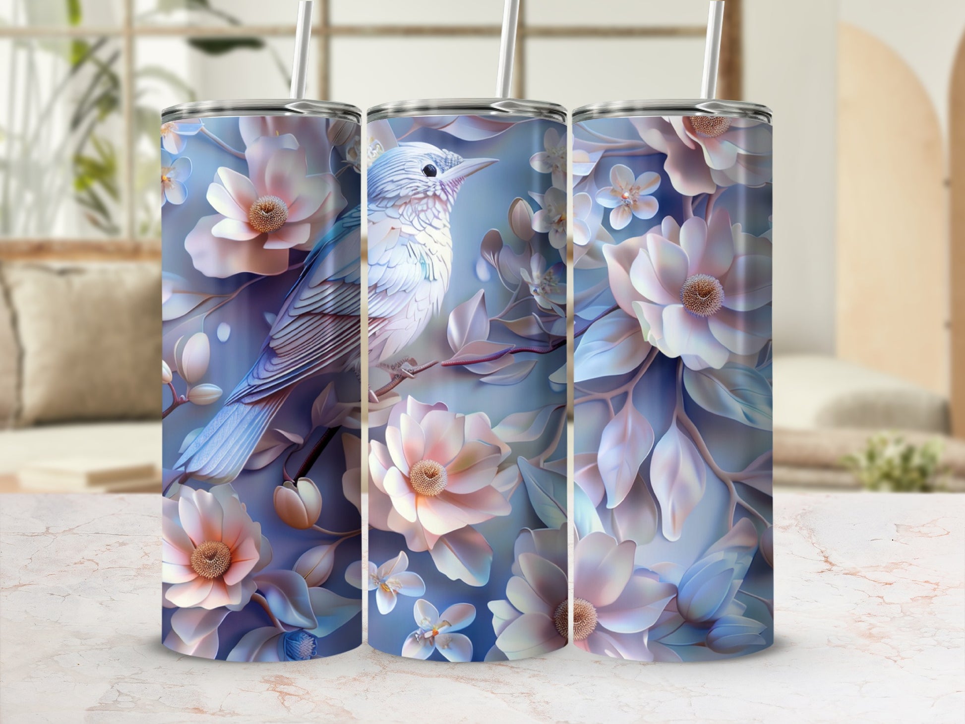 3D render of a blue bird on a blooming branch with subtle floral background.