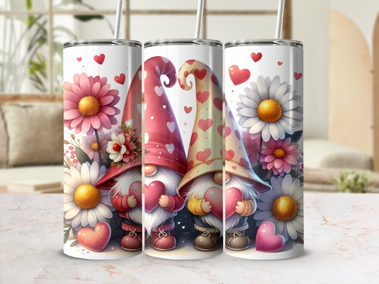Two gnomes in heart-patterned hats hold hearts, surrounded by flowers and hearts.