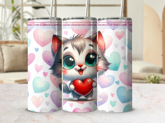 Pink and purple hearts background with a cute cartoon cat holding a red heart.