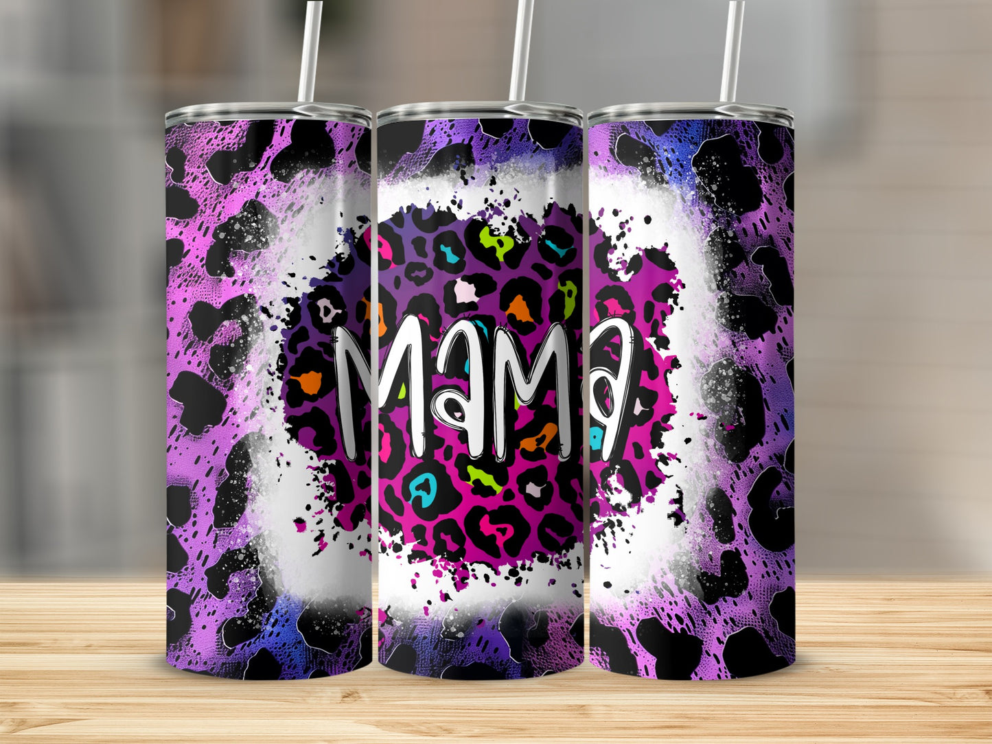 Mama Colorful Leopard Print Tumbler with Straw