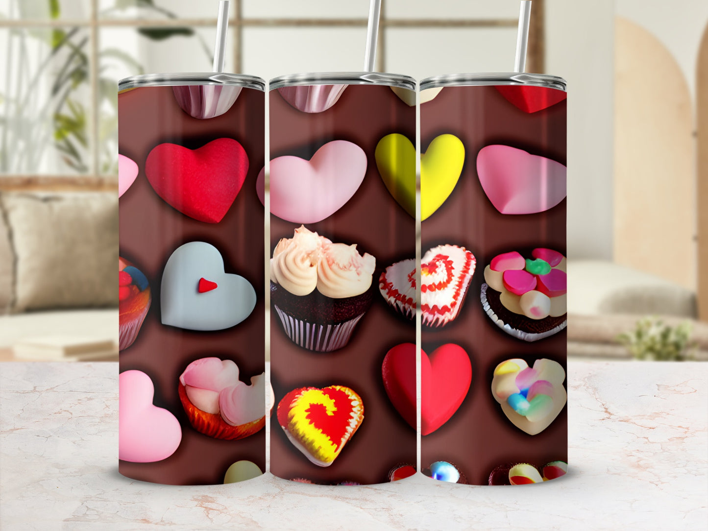 Tumbler with heart-shaped desserts and cupcakes on a brown background.