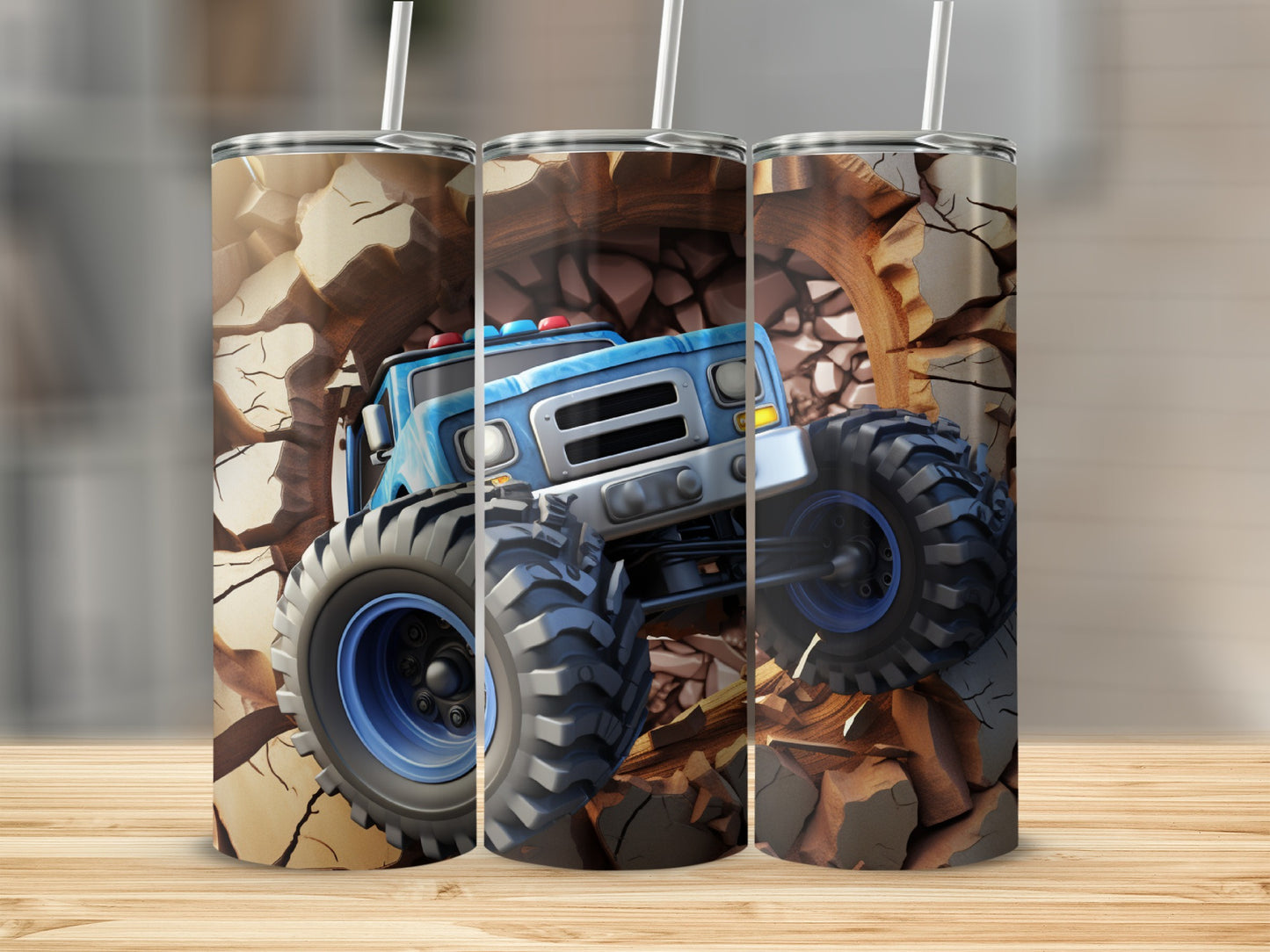 Monster Truck Crashing Through Wall Art Tumblers