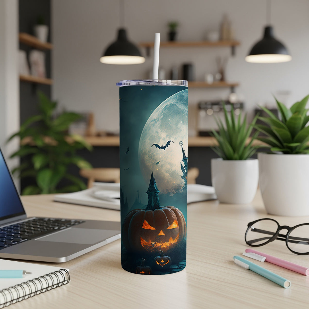 Tumbler with Halloween theme: jack-o'-lantern, haunted castle, and bats under a full moon.